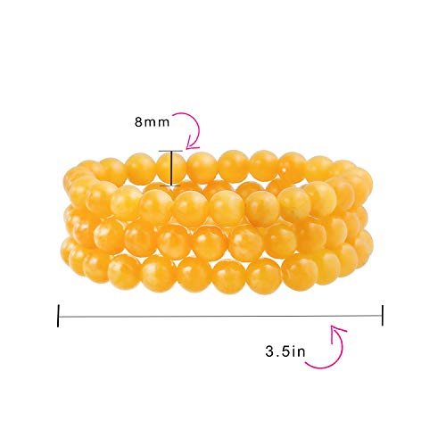 Bling Jewelry Unisex Stackable Set Of 3 Gemstone Round Bead 8MM Stretch Bracelet For Women Teen Men Multi Strand Stacking Adjustable - color: Yellow Jade Quartz