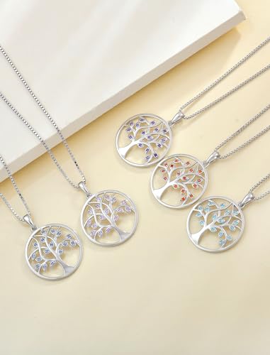 YL 925 Sterling Silver Tree of Life Necklace for Women Round Tree Pendant Birthstone Jewelry for Mom - color: 01-garnet-Jan