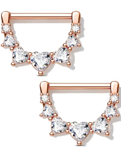 Melighting 2pcs 14G Nipple Rings Surgial Steel 316L Piercing Jewelry Shiny Heart Clear CZ Nipple Bars Rose Gold 14mm - color: rose gold