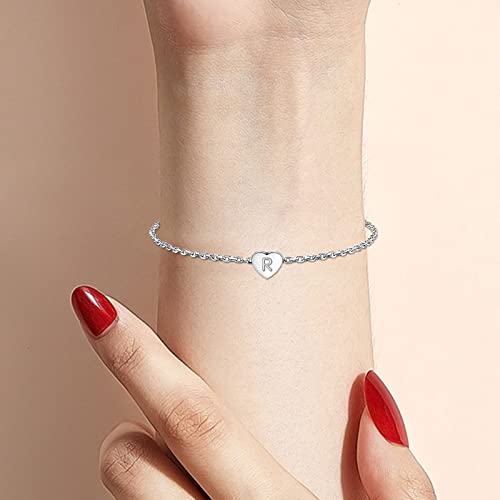 KunBead Initial Engraved Letter Bracelets Dainty Mini Size Heart Love Charm Stainless Steel Bracelets for Women Birthday Jewelry - style: R