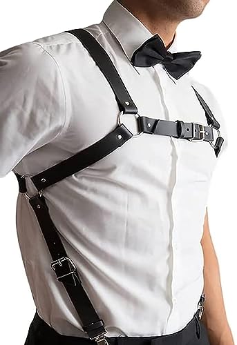 Mens Black Leather Armors Suspenders Shoulder Strap Body Chest Harness Chain Belt Adjustable Gay Punk Clubwear Costume - color: Black1