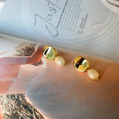 Gold Earrings 14k Gold Plated Hoop Earrings Dainty Pearl hoop Disc Coin Bead Starfish Teardrop Circle Dangle Drop Earrings for Women Hypoallergenic Jewelry Gifts - color: Pearl Earrings-C