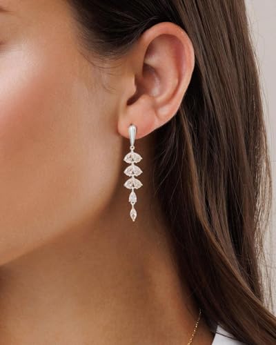 Dangle Earrings for Women - 14K Gold/White Gold/Rose Gold Plated Butterfly Heart Star Hoop Chain Long Tassel Cubic Zirconia CZ Dangle Earrings - color: Silver Leaf Dangle