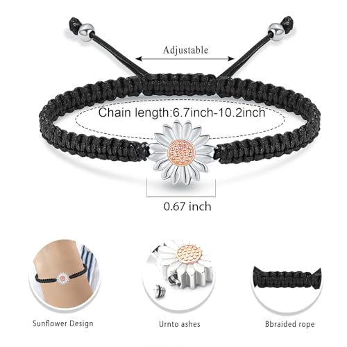 Sunflower Cremation Urn Bracelet for Adjustable Boho Daisy Handmade Cremation Jewelry Braided Rope Bracelets for Women Jewelry Gift With Funnel Kit & Bag - color: Silver+Rose