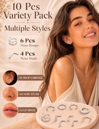 Besteel Nose Rings for Women 14K Gold Filled Hypoallergenic Nose Stud Hoops | 20G 316L Surgical Stainless Steel Double Nose Ring Cute Round CZ Heart L Shaped Nose Stud Dainty Nostril Piercing Jewelry - color: steel color