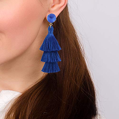 Bohemian Tiered Tassel Earrings with Druzy Stud for Women | Long Layered Fringe Drop Earrings, Statement Jewelry for Party Beach Festival - color: Royal Blue