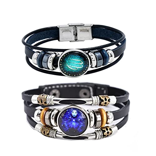 2Pcs Multilayer Constellation Zodiac Leather Bracelet Handmade Woven Zodiac Sign Wrap Bracelet Wristband for Women Men Jewelry Birthday Gift - color: I:Virgo(8/23 - 9/22)