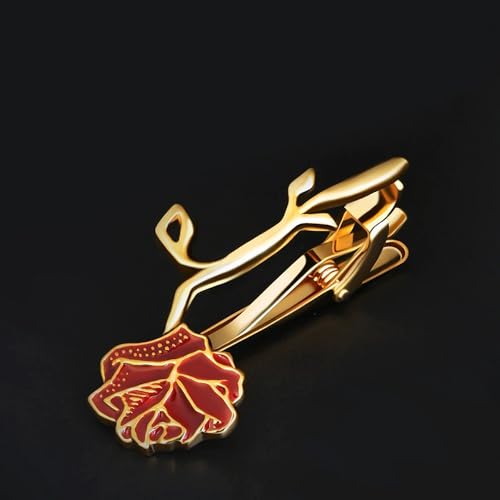 Dainty Rose Flower Tie Clip Tie Bar for Men Gold Tone Fashion Red Enamel Flower Necktie Suit Shirt Tuxeto Formal Wear Brooch Dress Accessories Birthday Wedding Party Jewelry Gift