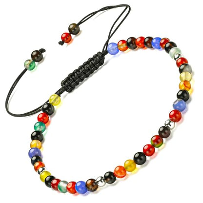 Natural Stone&925 Sterling Silver/18K Gold Anklet,│4MM│9-12 in│, Hand Woven, Adjustable Size - color: Coloured Agate,4MM
