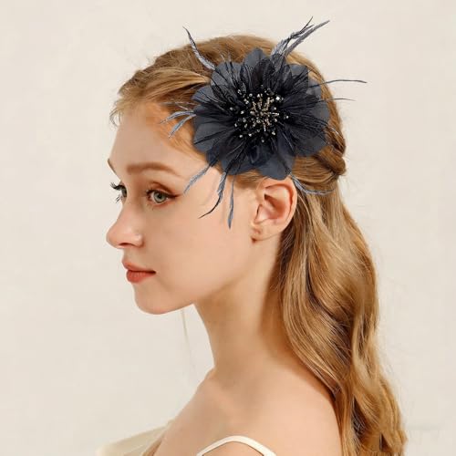 4" Crystal Feather Flower Brooch Pin for Women Girls Dainty Bright Satin Rhinestone Floral Brooches Lapel Hair Pins Elegant Wedding Cocktail Prom Party Hat Bag Suit Clothing Dress Accessories Jewelry Gift - color: Black