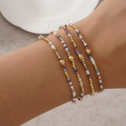Seed Beaded Stack Bracelets Set for Women,Small Boho 4Pcs Colorful Handmade Dainty Trendy Gold Stretch Accessories Jewelry, Summer Daily Party Friendship Gift - color: Purple Gray