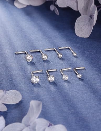 18G 20G 22G Titanium Stainless Surgical Steel Nose Rings Studs for Women L Shaped Nose Studs Screw Nose Ring Piercing Jewelry for Women Men Diamond CZ 1.5mm 2mm 2.5mm 3mm Silver Black Gold - style: 18g/Clear CZ/L-shaped/Titanium