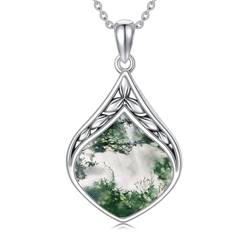 HPQQ Teardrop Necklace 925 Sterling Silver Vintage Natural Gemstone Pendant Jewelry Birthday Mothers Day Gifts for Women Mom - color: Moss Agate