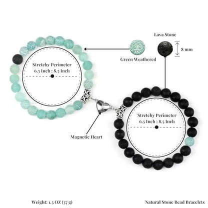 Set Of 2 Couples Bracelet Magnetic Healing Natural Bead Stone Stretch Bracelet Unisex Anniversary, Friendship, Valentine, Christmas Gift - color: Lava+Green Weathered, style: With Luxury Giftbox