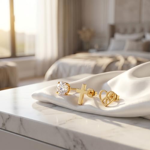 Gold Stud Earrings Set for Women, 18K Gold Plated Stainless Steel Hypoallergenic Earrings, Assorted Multipack with Faux Pearls, Crystals, and Geometric Shapes, Non-Tarnish Sensitive Ear Jewelry, Value Gift Set