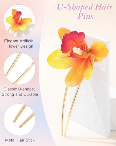 WELROG 3-Pcs Metal Hawaiian Orchid Hair Pins, Non-Slip Stick for Beach Updo | Tropical Flower Vibes,Weddings and Vacations - color: Yellow+Pink+Greem