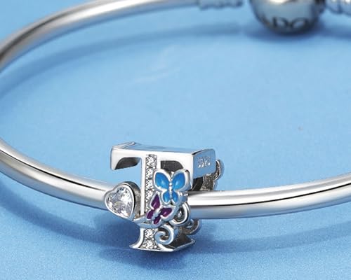 S925 Silver Butterfly Initial Letter Charms Fit for Pandora Charms Bracelets and Necklace Alphabet Bead Charms Jewelry Gifts for Women - color: T