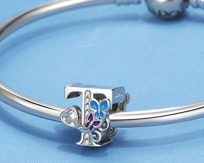 S925 Silver Butterfly Initial Letter Charms Fit for Pandora Charms Bracelets and Necklace Alphabet Bead Charms Jewelry Gifts for Women - color: T
