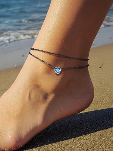 Richsteel Double Layer Heart/Butterfly Birthstone Anklet for Women | Non Tarnish Waterproof, Silver/Gold/Black Stainless Steel 8.5-10.5 Inch Adjustable Chain Anklets Summer Beach Foot Jewelry - color: Black Heart-12 Dec.(Blue Topaz)