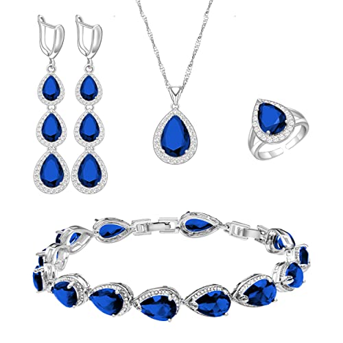 LMXXVJ Necklace Long Earrings Bracelet Set, White Gold Plated Created Blue Sapphire Jewelry Set Wedding Party Gift Jewelry for Women Bridal Bridesmaid - color: White Gold-Blue Ring