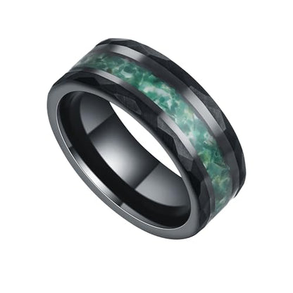 8mm Black Tungsten Mens Wedding Band with Moss Agate/Emerald/Citrine | Amethyst/Aquamarine, Gothic, Birthstone, Hammered, Engagement Promise Ring, Anniversary Valentine Day Birthday Gift for Him - style: Green Moss Agate