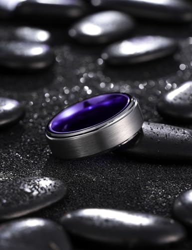 King Will Mens Brushed Wedding Band, Two Tone Matte Step Edges/Pipe Cut, Tungsten Carbide Anniversary Promise Rings Comfort Fit - color: Silver&Purple-8mm