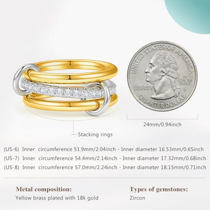 Cicy Bell Interlocking Ring for Women 18k Gold Plated CZ Stack Ring Set - color: Style C-Gold, size: 6