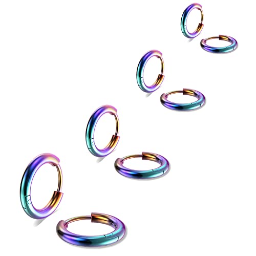 316L Surgical Stainless Steel Small Hoop Earrings 8mm 10mm 12mm 14mm Hypoallergenic Huggie Hoop Earrings Helix Lobes Hinged Sleeper Earrings Cartilage Piercings - color: H: Rainbow (Diameter 8mm/10mm/12mm/14mm),4 Pairs