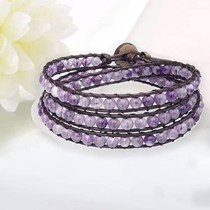 Genuine Stone Wrap Bracelets for Women Natural Crystal Beaded Wrap Bracelet 2/3/5 Adjustable Bohemian Bracelets Jewelry Gifts for Women Mom - color: amethyst(3 wraps)