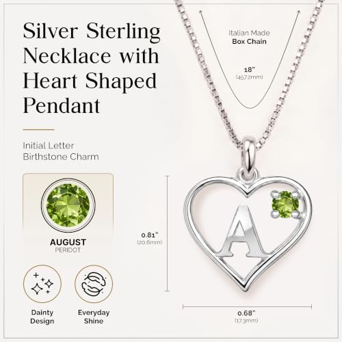 Sterling Silver Heart and Letter Personalized Birthstone Pendant with Box Chain Necklace - Heart & Letter - A - Peridot - August