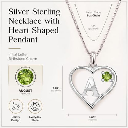 Sterling Silver Heart and Letter Personalized Birthstone Pendant with Box Chain Necklace - Heart & Letter - A - Peridot - August