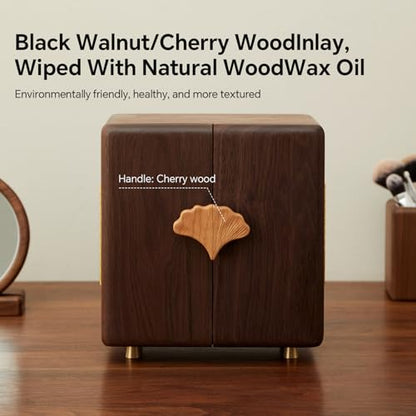 Black Walnut Wood Jewelry Box, Large | Women & Men, Velvet Lined, 5 Drawers, Hand Carved Ginkgo Leaf Handles, Double Door Wardrobe Design - size: Ginkgo leaves