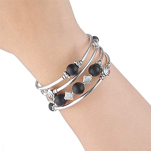 Beaded Pearl Bangle Wrap Bracelet - Fashion Bohemian Jewelry Multilayer Charm Bracelet with Thick Silver Metal Beads, Gift For Women - color: Matte Black