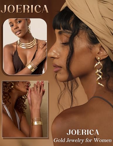 JOERICA Bib Choker Necklace Set for Women Wide Cuff Bangle Bracelets Long Statement Dangle Earrings African Costume Jewelry Set - color: Gold Tone
