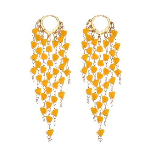 Fringe Hoop Dangle Earrings, Long Beads Tassel Chain Earrings for Women Sparkly Chandelier Earrings - color: Yellow