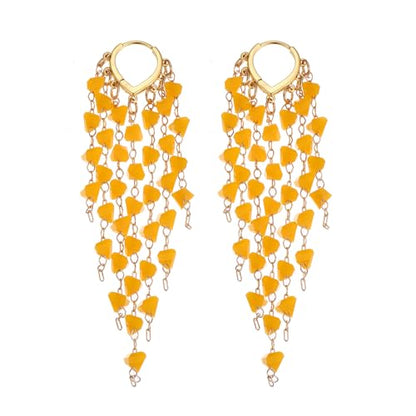 Fringe Hoop Dangle Earrings, Long Beads Tassel Chain Earrings for Women Sparkly Chandelier Earrings - color: Yellow