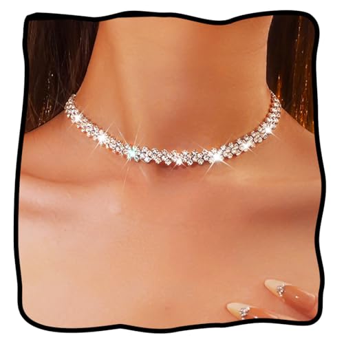 JEAIRTS Rhinestone Choker Necklace Silver Diamond Chain Jewerly for Women | Sparkly Multi-row Crystal Chokers Women's Wedding Prom Formal Jewelry Accessories - color: Silver