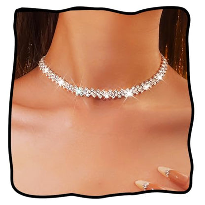 JEAIRTS Rhinestone Choker Necklace Silver Diamond Chain Jewerly for Women | Sparkly Multi-row Crystal Chokers Women's Wedding Prom Formal Jewelry Accessories - color: Silver