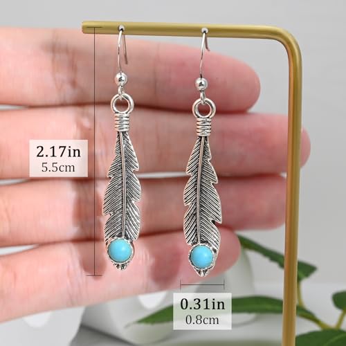 Bohemian Silver Feather Dangle Earrings for Women | Hypoallergenic Silver Turquoise Drop Dangle Earrings with Western Boho Jewelry