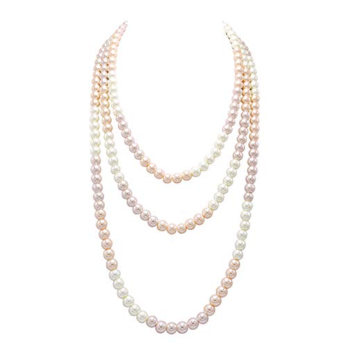 Long Pearl Necklaces for Women Cream White Faux Pearl Strand Layered Necklace Costume Jewelry - color: Colorful