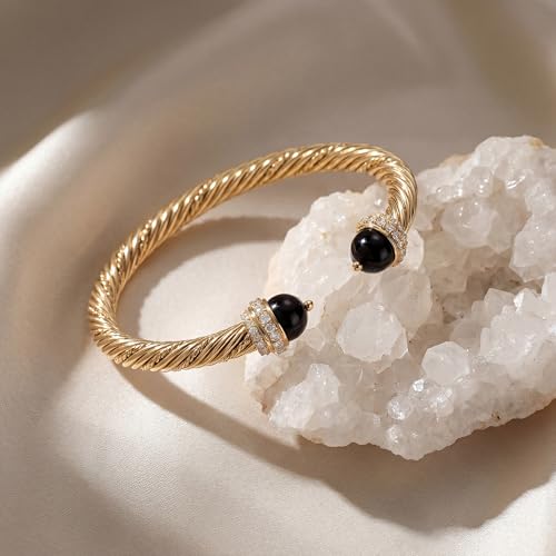 Fettero Gold Cuff Bangle Bracelets for Women - Adjustable Open Cuff Bangles 14K Gold Plated Charm Twisted Cable Bangle Bracelet for Mom Dainty Jewelry Gift - color: Black