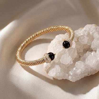 Fettero Gold Cuff Bangle Bracelets for Women - Adjustable Open Cuff Bangles 14K Gold Plated Charm Twisted Cable Bangle Bracelet for Mom Dainty Jewelry Gift - color: Black