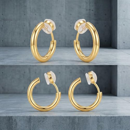 2 Pairs Clip On Gold Hoop Earrings for Women Non Pierced Ears, Gold Plated Small Huggie Hoops, Adjustable No Piercing Fake Earrings Set for Jewelry Gifts