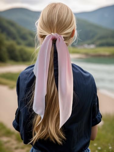 Pack of 2 Knotted Bow Hair Scrunchies Elastic Hair Scarf Black Hair Ties Bands Satin Hair Ribbon Scrunchy Red Ponytail Holder for Women and Girls (Light pink) - color: Light pink