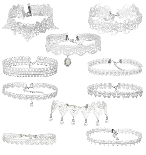 LINKY 10pcs White Lace Choker Necklace Women Jewelry Set - color: Silver