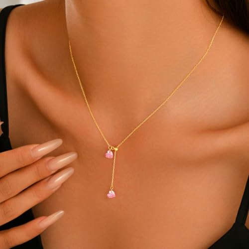 925 Sterling Silver Dainty Cubic Zirconia Lariat Heart Necklace for Women | 14k Gold Plated Cute Pink Crystal Love Heart Pendant Necklaces Adjustable Diamond Y Shaped Drop Chain Necklace Jewelry Gift - color: Gold
