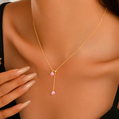 925 Sterling Silver Dainty Cubic Zirconia Lariat Heart Necklace for Women | 14k Gold Plated Cute Pink Crystal Love Heart Pendant Necklaces Adjustable Diamond Y Shaped Drop Chain Necklace Jewelry Gift - color: Gold
