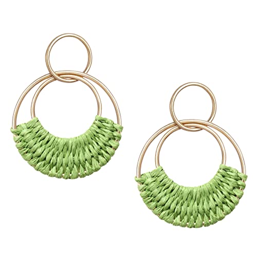 Raffia Hoop Earrings for Women Fun Boho Summer Beach Earrings Lightweight Handmade Straw Wicker Rattan Dangle Earrings Statement Geometric Round Drop Earrings - color: Green - Round