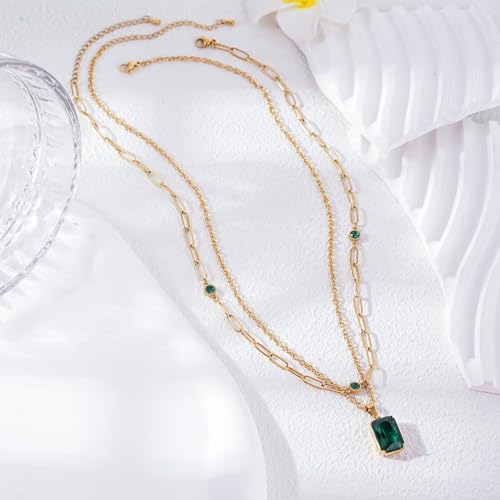 Birthstone Layered Pendant Paperclip Necklace 18k Gold Plated Heart Choker Chain Necklace Emerald Cut Jewelry Birthday Gift for Women - color: Rectangle Emerald