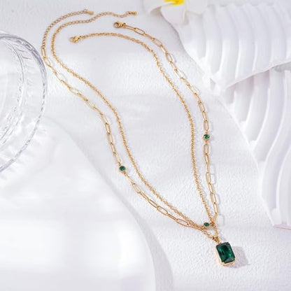 Birthstone Layered Pendant Paperclip Necklace 18k Gold Plated Heart Choker Chain Necklace Emerald Cut Jewelry Birthday Gift for Women - color: Rectangle Emerald